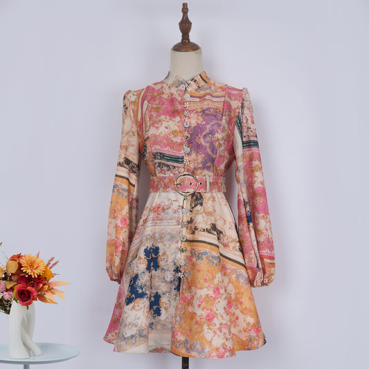 Women Spring Printed Long Sleeve Elegant A Line Dress