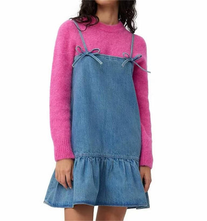 Robe en jean à volants et bretelles Spaghetti pour femmes, vêtements d'été avec nœud papillon