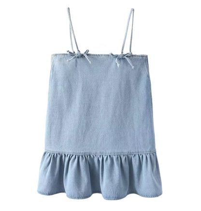 Robe en jean à volants et bretelles Spaghetti pour femmes, vêtements d'été avec nœud papillon