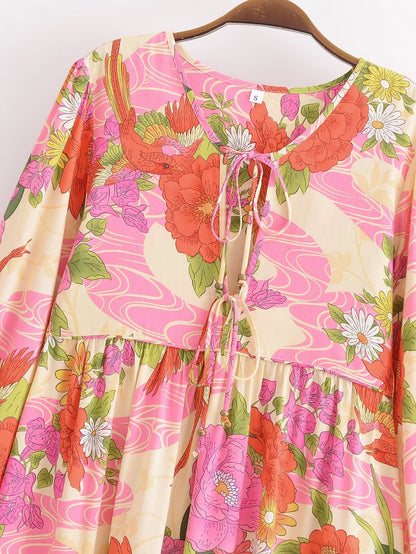 Printemps femmes rayonne florale fronde une ligne robe