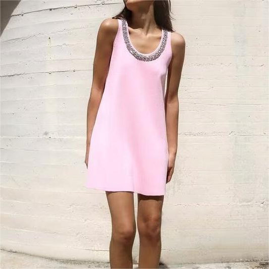 Ropa de mujer Mini vestido de punto liso con incrustaciones de joyería de verano