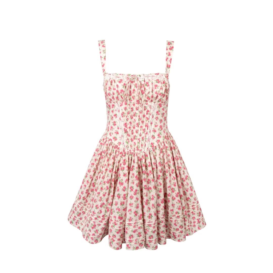 Vestido de verano con cintura francesa adelgazante, corte en A, corto, con estampado Floral puro, para mujer