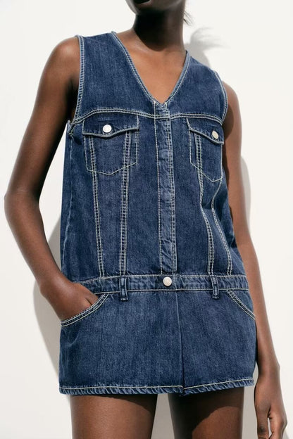 Printemps été femmes vêtements combinaison ample décontracté doux lavé Denim robe courte