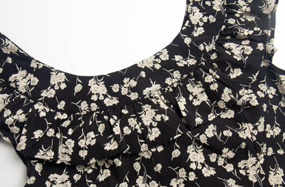 Robe noire florale femmes printemps été robe mi-longue à volants