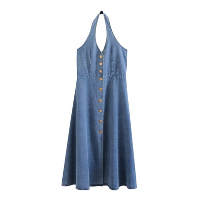 Robe longue en jean dos nu rétro