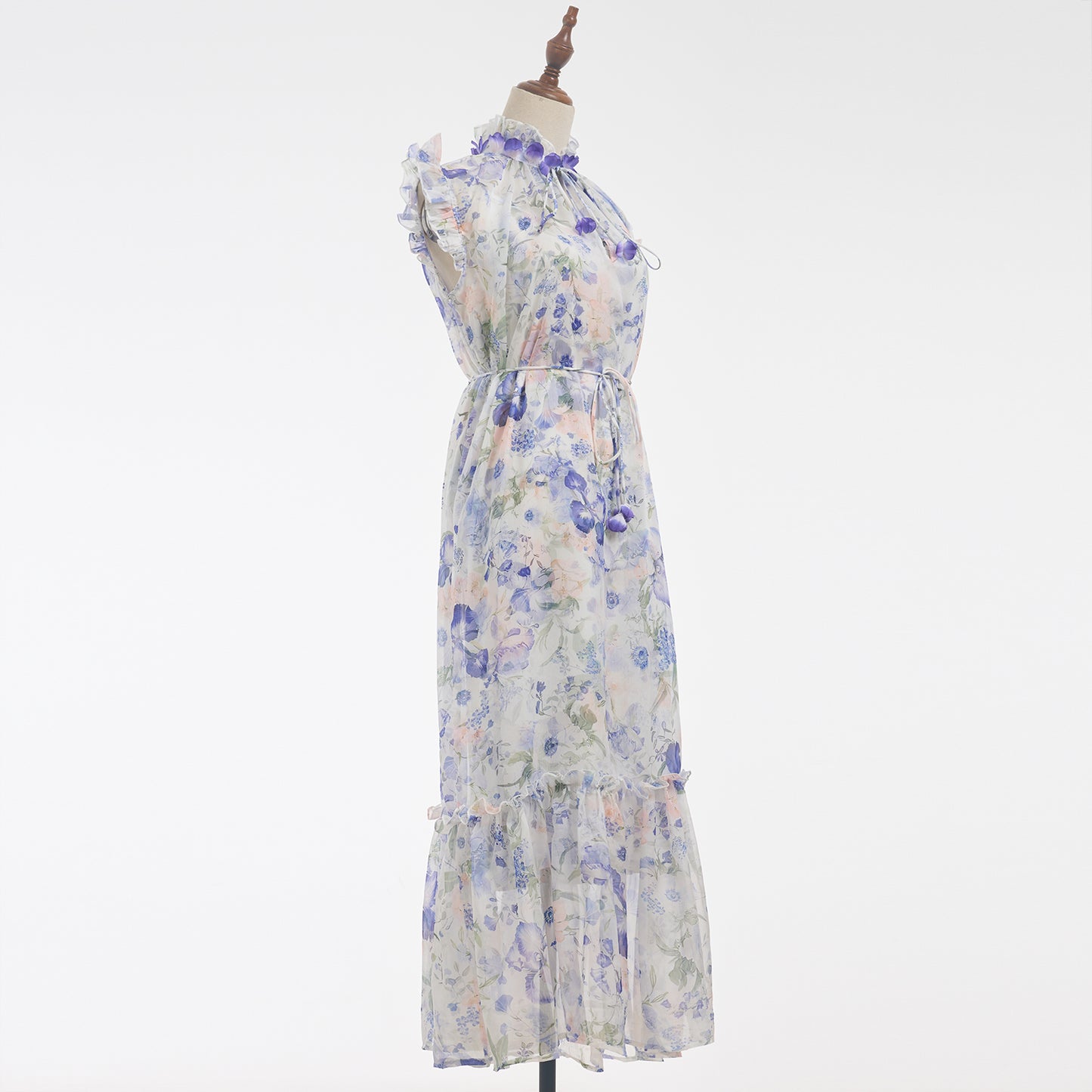 Robe deux pièces fraîche et élégante pour vacances, écharpe à fleurs tridimensionnelle robuste