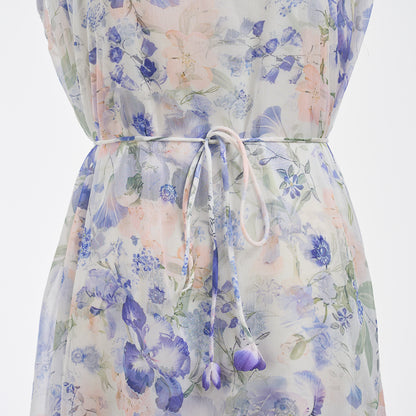 Robe deux pièces fraîche et élégante pour vacances, écharpe à fleurs tridimensionnelle robuste