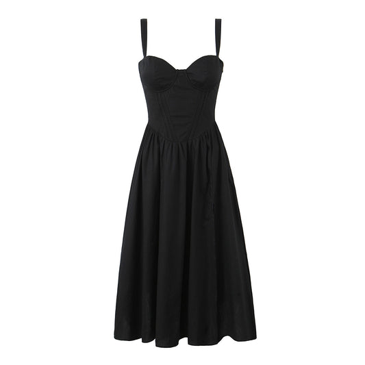 Robe française Sexy Hepburn Wind noire à bretelles pour femmes, taille contrôlée, Slim, grande robe trapèze, été