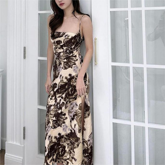 Robe longue d'été sexy et slim avec poches et bretelles imprimées