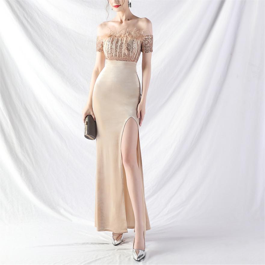 Craft Order Ostrich Fur Velvet off Neck Evening Dress