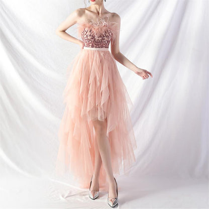 Hand Ordered Ostrich Feather Positioning Floral Sequin Mesh Front Short Back Long Wrapped Chest Evening Dress