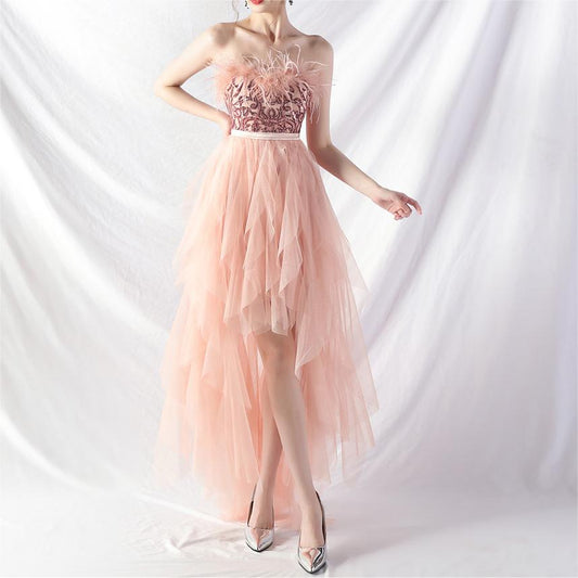 Hand Ordered Ostrich Feather Positioning Floral Sequin Mesh Front Short Back Long Wrapped Chest Evening Dress