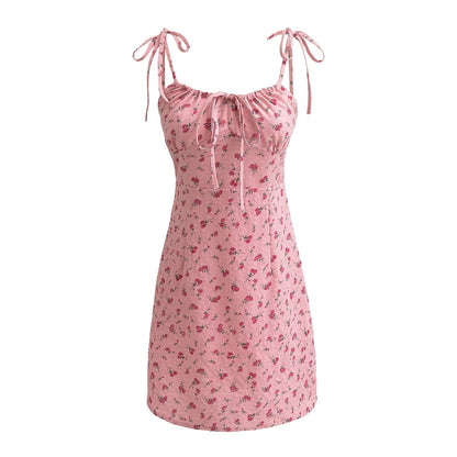 Summer Rose Lace up Sleeveless Waist Floral Holiday Dress