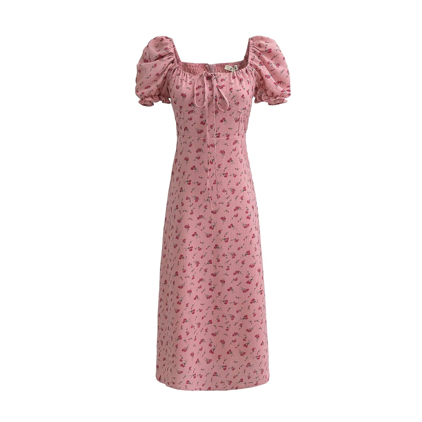 Robe longue d'été à roses roses, manches bouffantes, à nouer soi-même