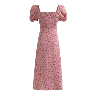 Robe longue d'été à roses roses, manches bouffantes, à nouer soi-même