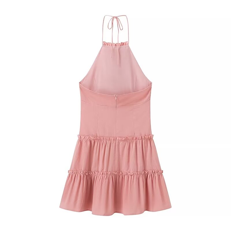 Vestido sexy de algodón laminado rosa con espalda descubierta y cuello halter para mujer