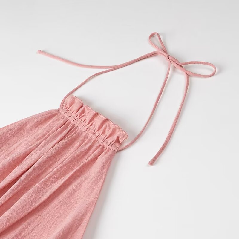 Vestido sexy de algodón laminado rosa con espalda descubierta y cuello halter para mujer