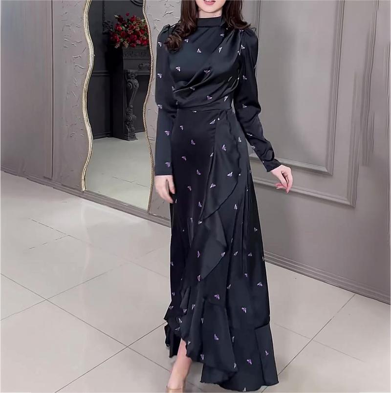 Spring Printed Wooden Ear Slim Fit Long Sleeve Dress