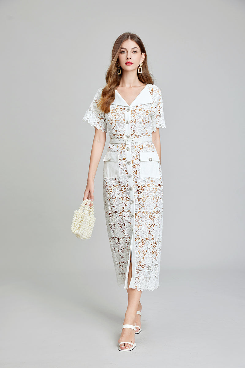 Women Summer Solid Lace Button Elegant A Line Maxi Dress