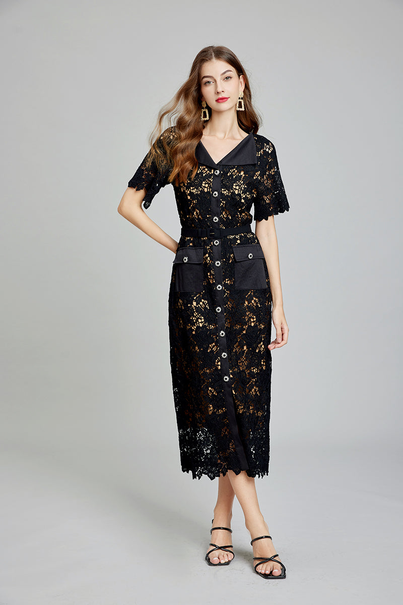 Women Summer Solid Lace Button Elegant A Line Maxi Dress