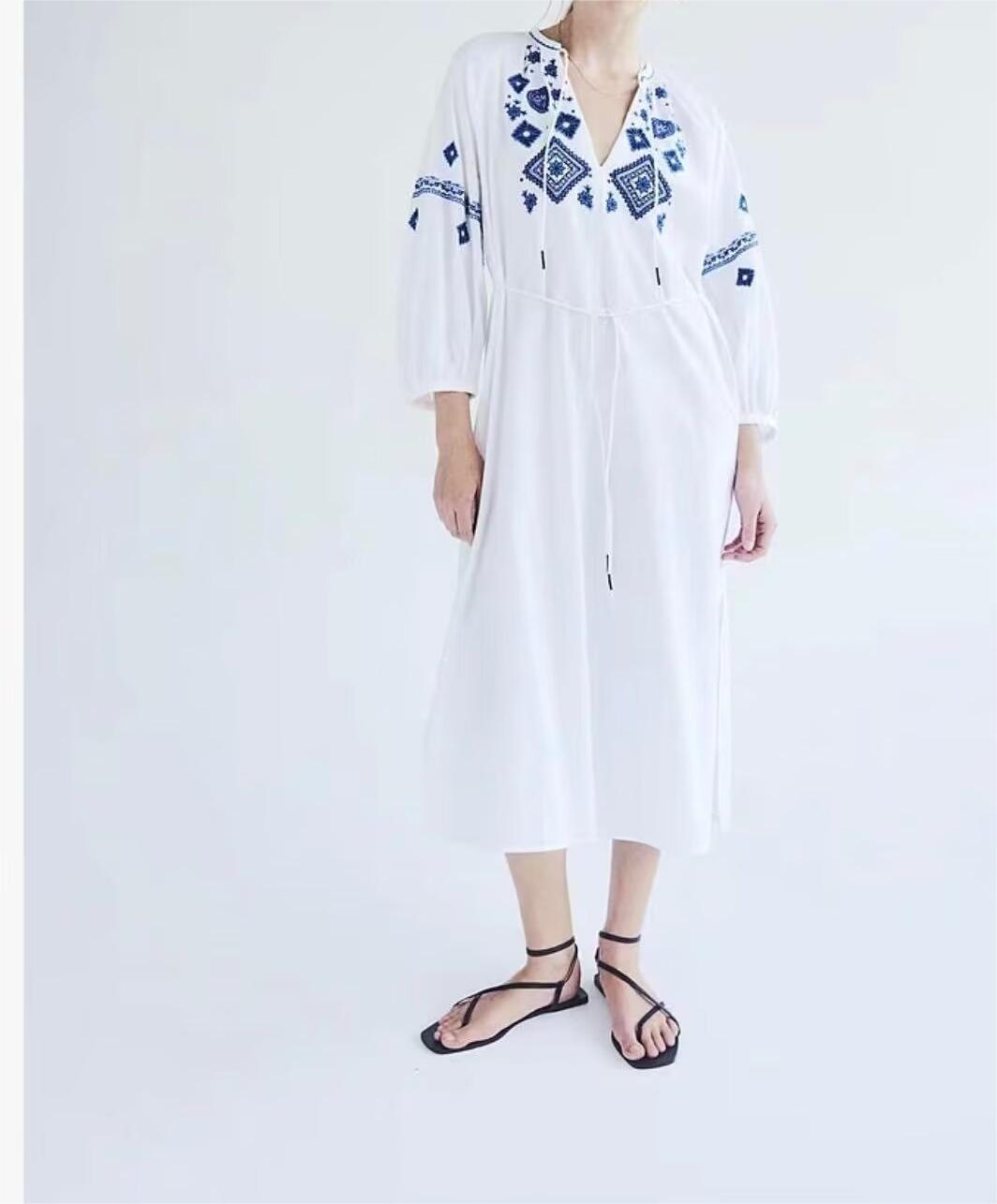 Women Summer Cotton Linen Tassel Embroidery Loose Dress