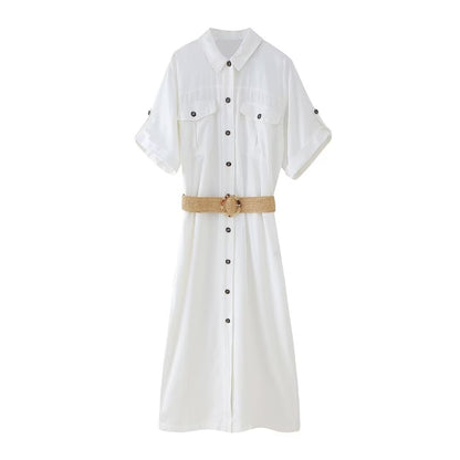 Spring Women Clothing Casual with Belt Shirt Dress