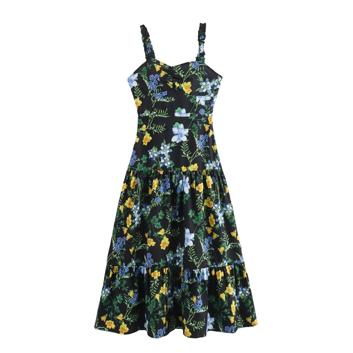 Women Floral Print Loose Midi Dress Sling Dress