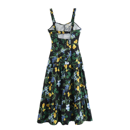 Women Floral Print Loose Midi Dress Sling Dress