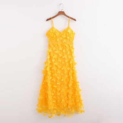 Robe d'été à col en V sans manches en maille jaune, robe à bretelles tridimensionnelle pour femmes