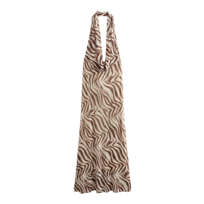 Summer Linen Blended Animal Pattern Printed Halter Dress Women