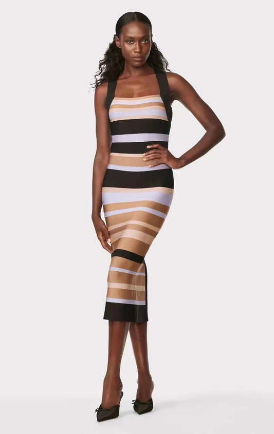 Clothing Colorblock Striped Bandage Dress Women Sleeveless Backless Halter Dress Party Midi Dress