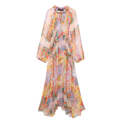 Women Clothing Printed Long Sleeve Loose Casual Midi Dress