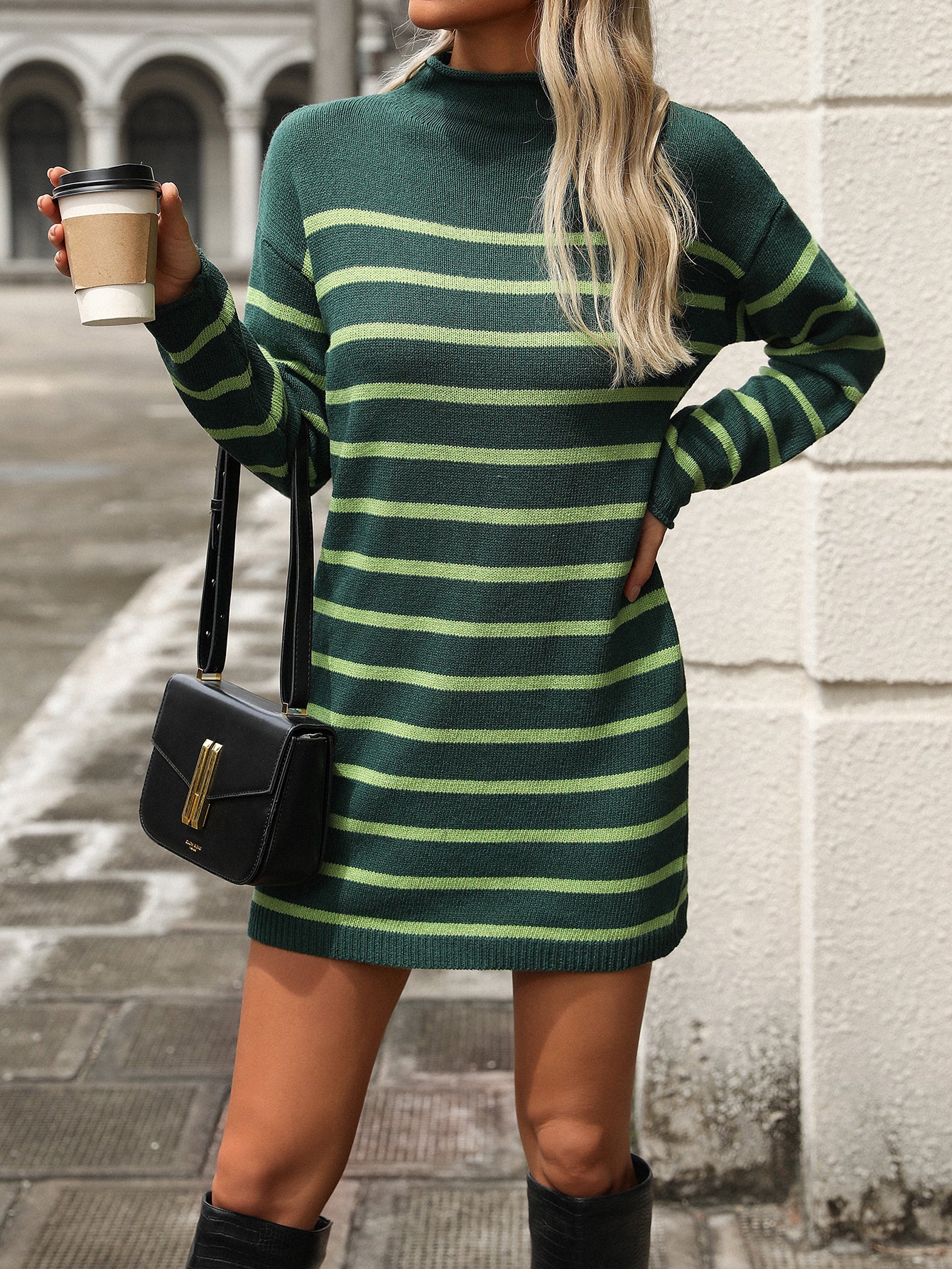 Autumn Winter Striped Stitching Women Knitwear Small Turtleneck Long Sleeve Dress