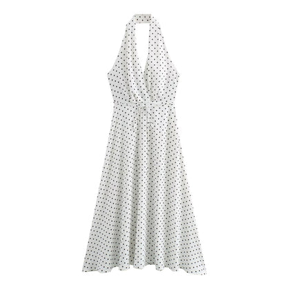 Vestido con cordones y tirantes de lunares con cuello pronunciado en V profundo y halter de verano