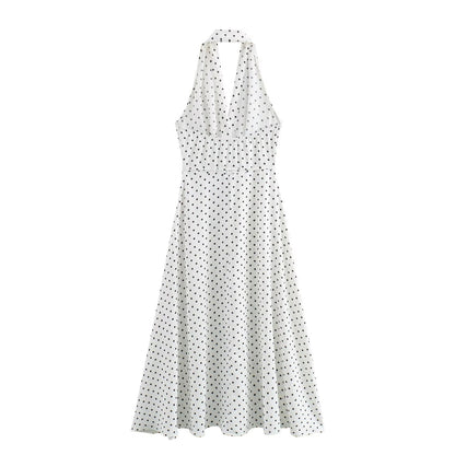 Summer Halter Deep V Plunge Collar Polka Dot Strap Lace up Dress