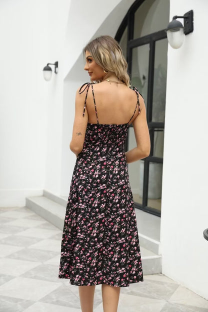 Ropa de verano para mujer Vestido casual con tirantes florales de cintura alta