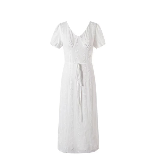 Summer High Grade Embroidered Dress Women Elegant Tied Waist Trimming Short Sleeved Long Dress