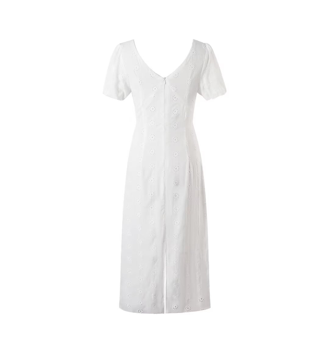 Vestido bordado de alto grado de verano para mujer, vestido largo elegante de manga corta con cintura atada