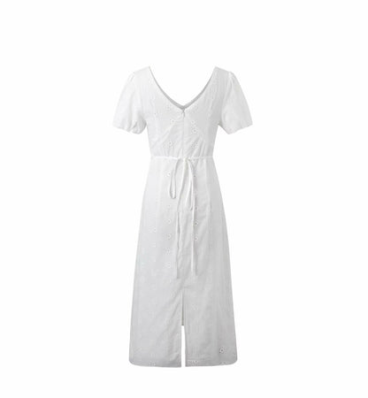 Vestido bordado de alto grado de verano para mujer, vestido largo elegante de manga corta con cintura atada