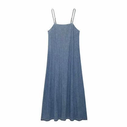 Women Clothing French Washed Denim Sling Dress Summer Loose Youthful Looking A Line Dress