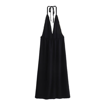 Elegant Spliced Halterneck With Suspenders Dress Summer High Waist Sleeveless Women Office Dress