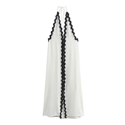 Elegant Spliced Halterneck With Suspenders Dress Summer High Waist Sleeveless Women Office Dress