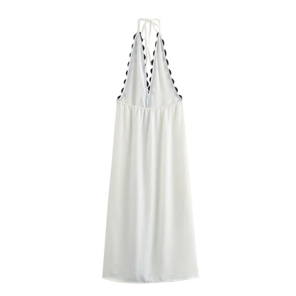 Elegant Spliced Halterneck With Suspenders Dress Summer High Waist Sleeveless Women Office Dress