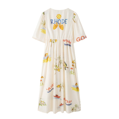 Printed V Neck Cute Short Sleeve Loose Dress Spring Summer