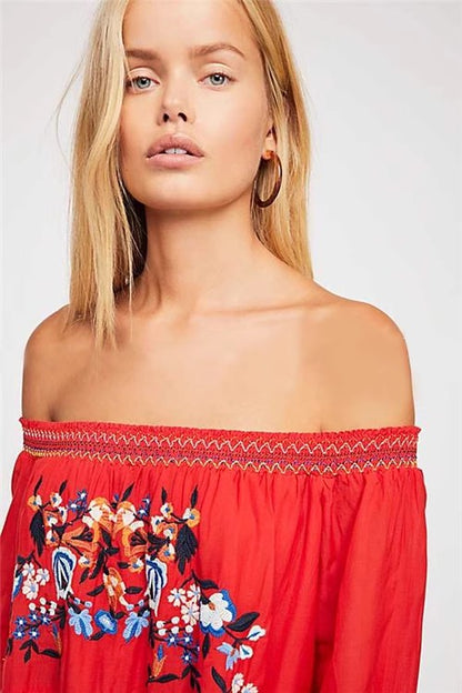 Bohemian Flower Embroidered Off Shoulder Dress