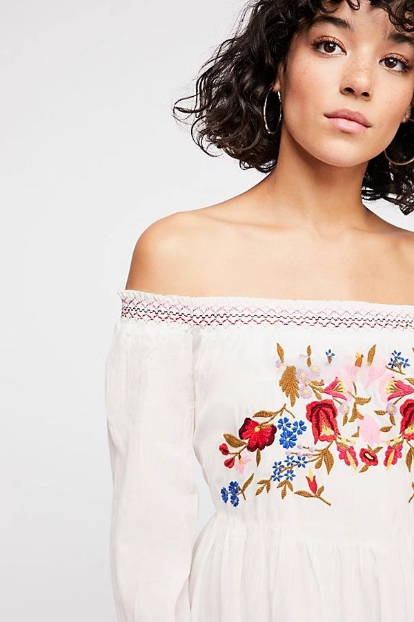 Bohemian Flower Embroidered Off Shoulder Dress