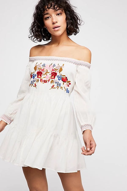 Bohemian Flower Embroidered Off Shoulder Dress