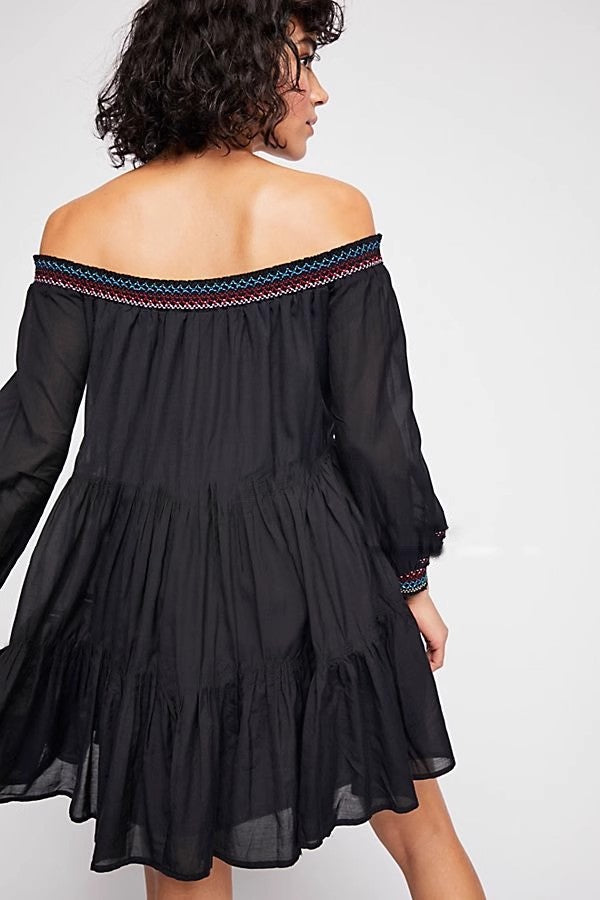 Bohemian Flower Embroidered Off Shoulder Dress