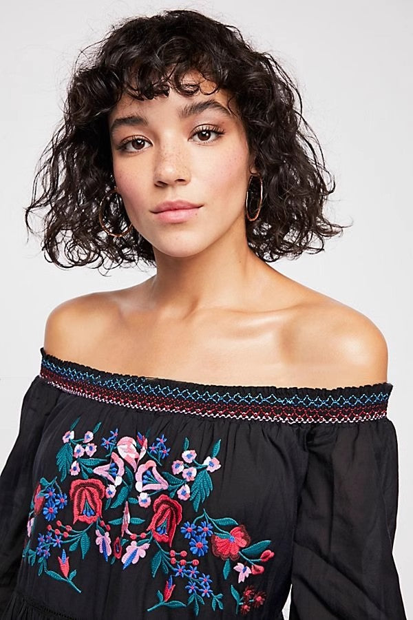 Bohemian Flower Embroidered Off Shoulder Dress