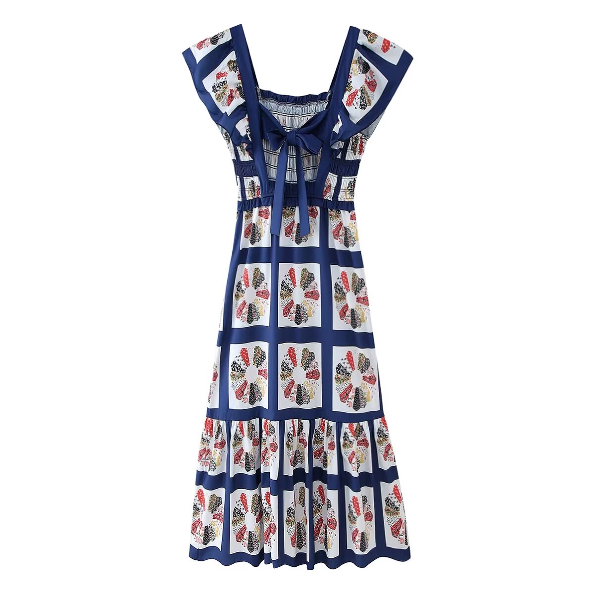 Women Clothing Summer Casual Bow Backless Square Collar Printing Dress Women